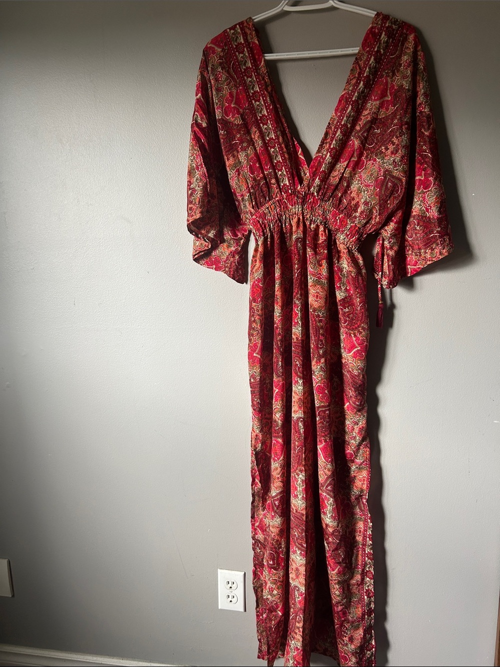 Red Paisley V-Neck Maxi Dress with Elastic Waist